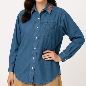 Susan Bristol Deadstock Denim Button Front Shirt 2W Made in Hong Kong Embroidere